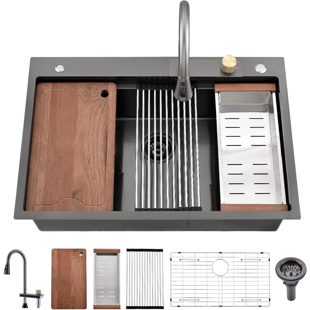 

33x22 Inch Drop-In Kitchen Sink with Black Stainless Steel Waterfall Faucet Combo Set