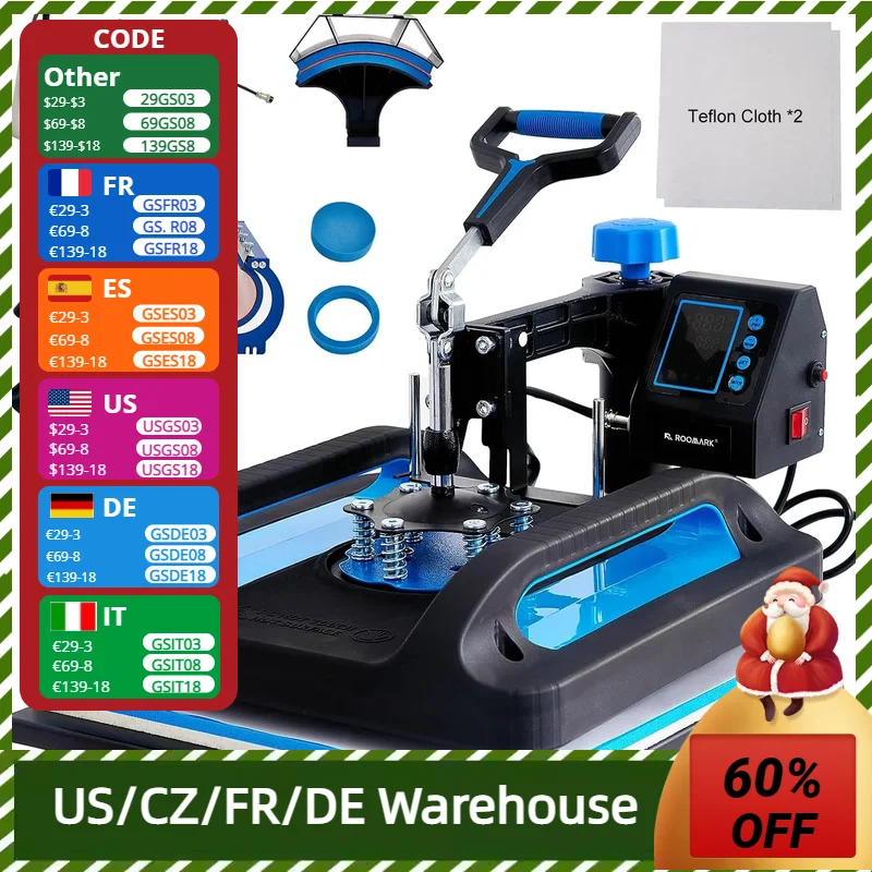 ROOMARK Heat Press Machine, 5/8 in 1 15x15/12x15 Digital Heat Transfer 360° Rotation Multifunction Sublimation for T-Shirt Etc