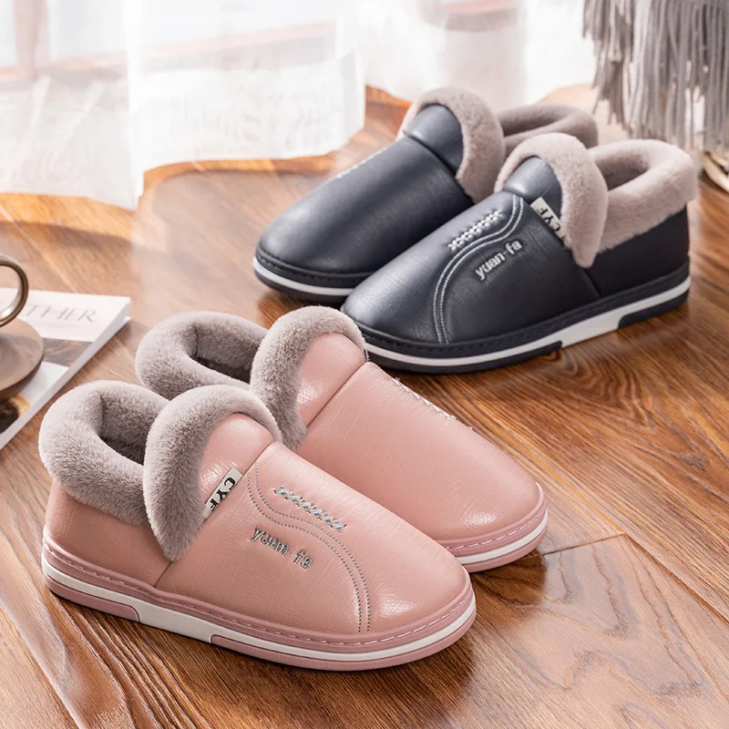 

Home Fuzzy Slipper Women Winter Warm Fur Plush Non Slip Indoor Lazy Female Thermal furry House Shoe Flat Male Men PU Leather