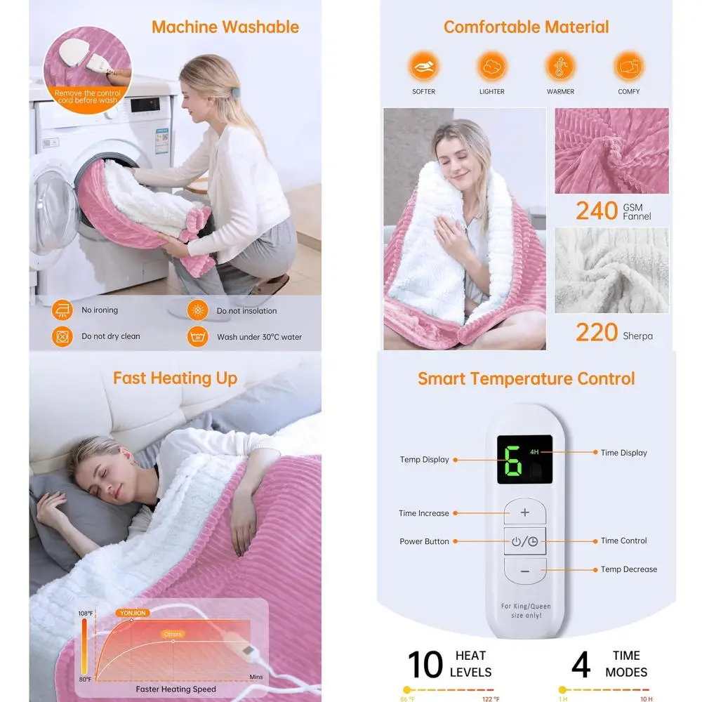 

Pink 90x100 Inch Electric Heated Blanket with 4 Timers & 6 Heat Levels - Ideal Winter Gift