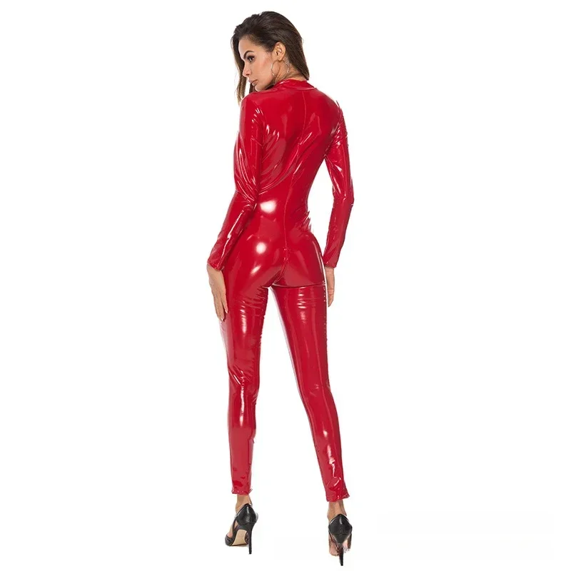 Zipper Open Crotch Women Faux Leather Jumpsuit Stretch Bodystocking Erotic Costumes Wet Look Clubwear Dance Stage Overalls