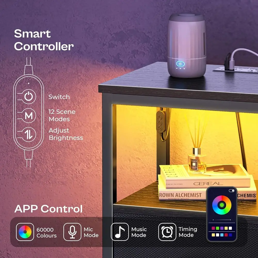 LED照明付き4段引き出しナイトスタンド、充電ステーションとオープンシェルフ付き、寝室用、ブラック