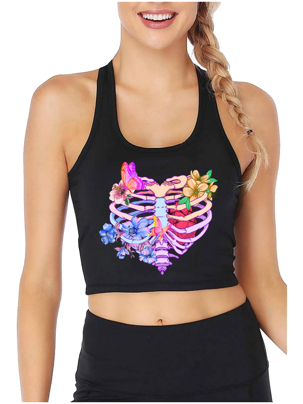 Pastel Goth Heart Ribcage With Butterflies Sexy Crop Top Girl's Funny Gothic Tank Tops Cotton Sports Fitness Training Camisole