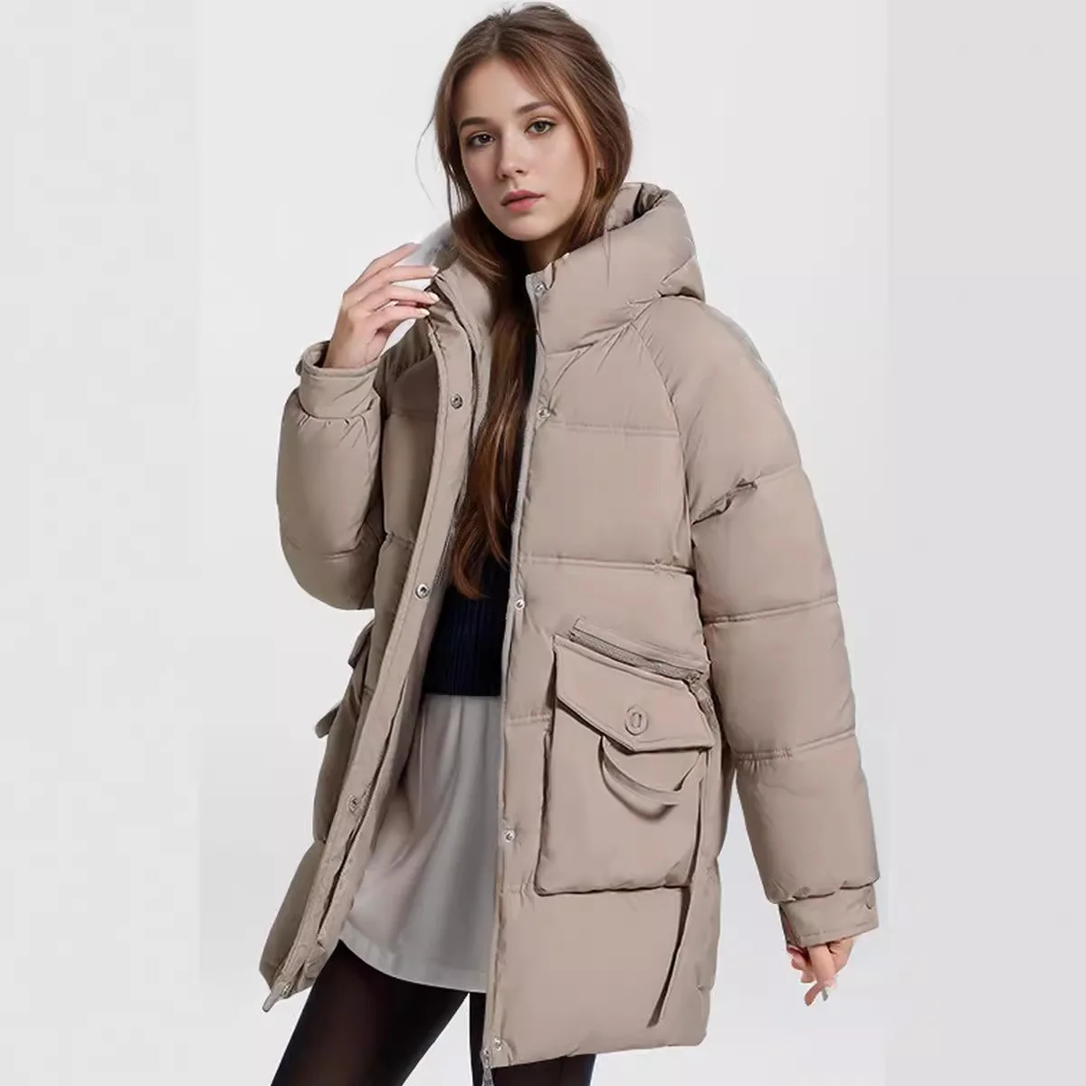 2024 New Women\'s Winter Puffer Down Cotton Jacket Solid Color Padded Jacket Long Hooded Stylish Pockets Loose Padded Warm Coat