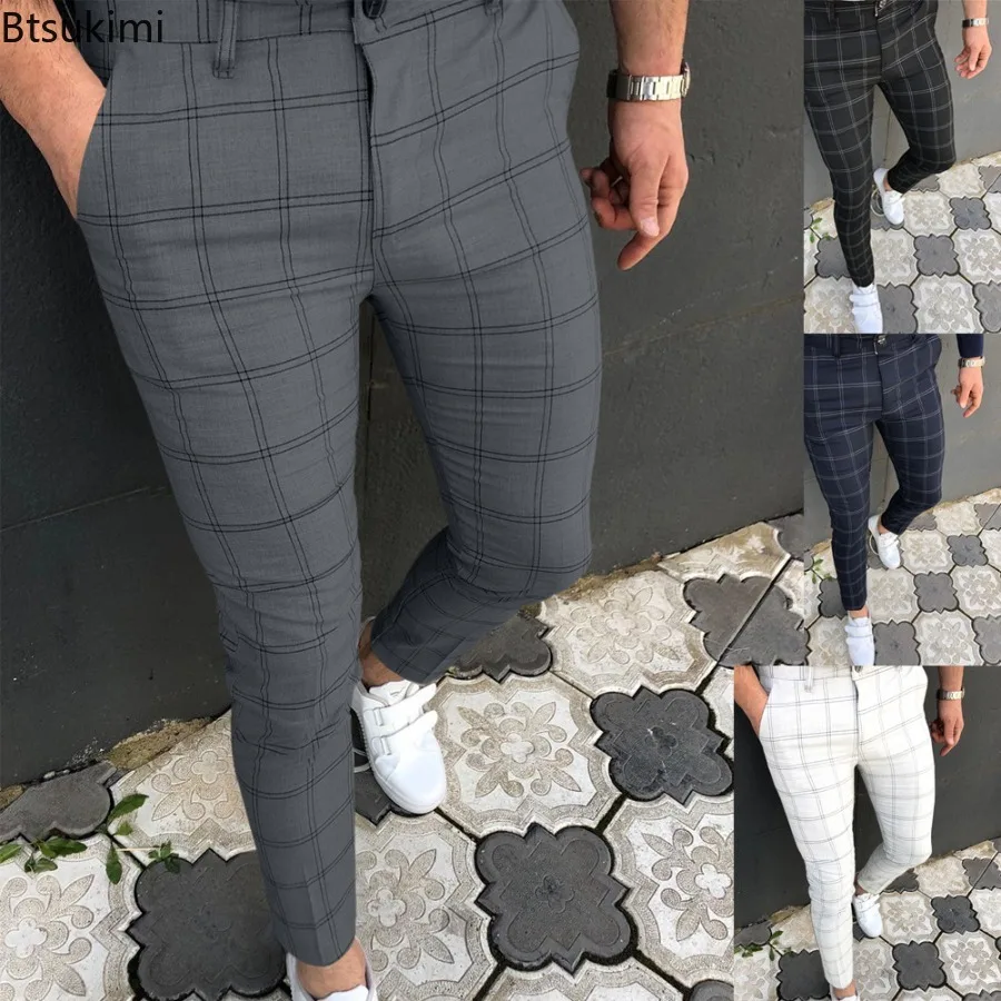 2024 Men's Classic Plaid Print Casual Pants Fashion Stretch Slim Business Social Versatile Pencil Pants Men Trousers Daily Wear