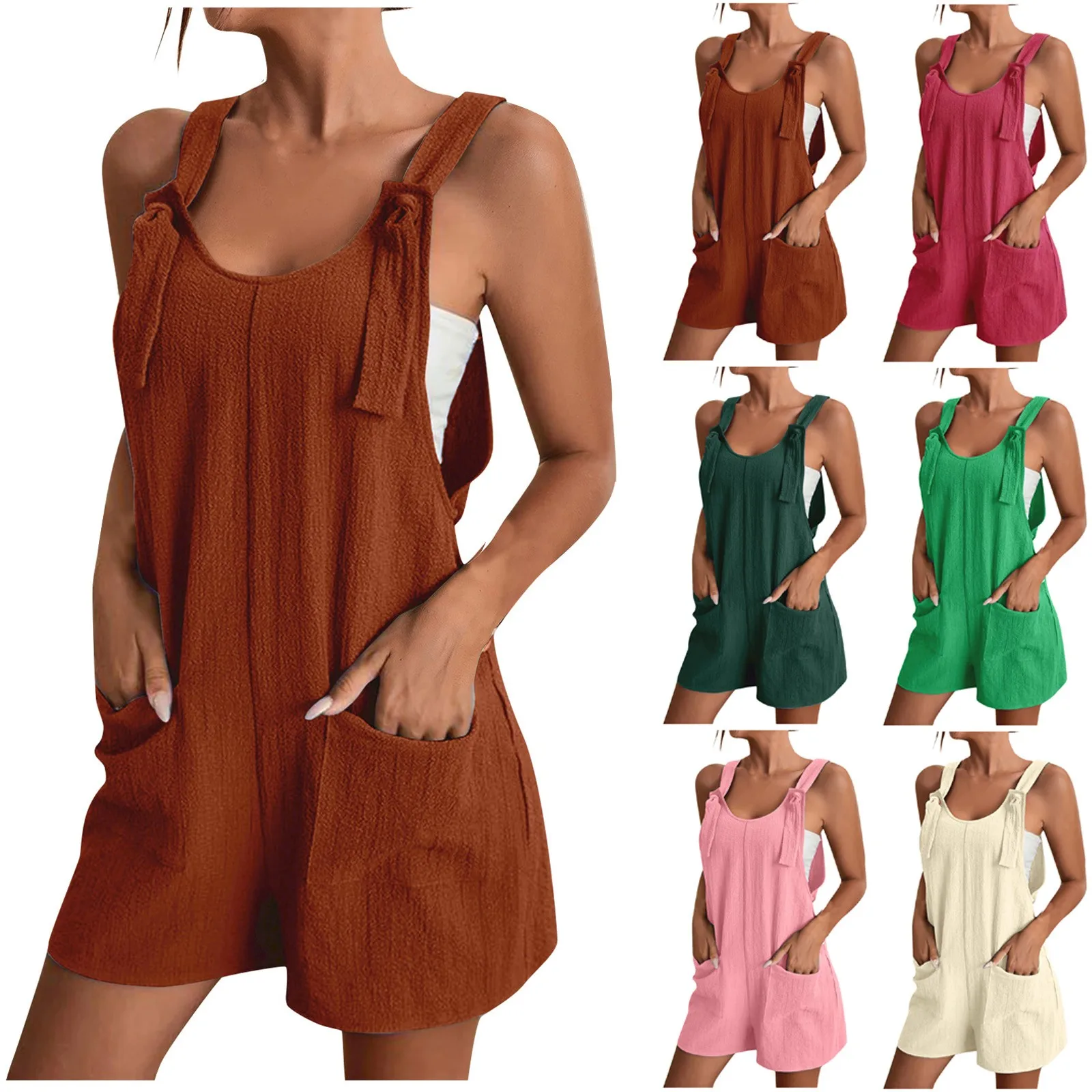 Women'S One-Piece Shorts Summer Classic Simple Solid Sleeveless Twist Suspenders Jumpsuits Casual All-Match Loose Jumpsuits