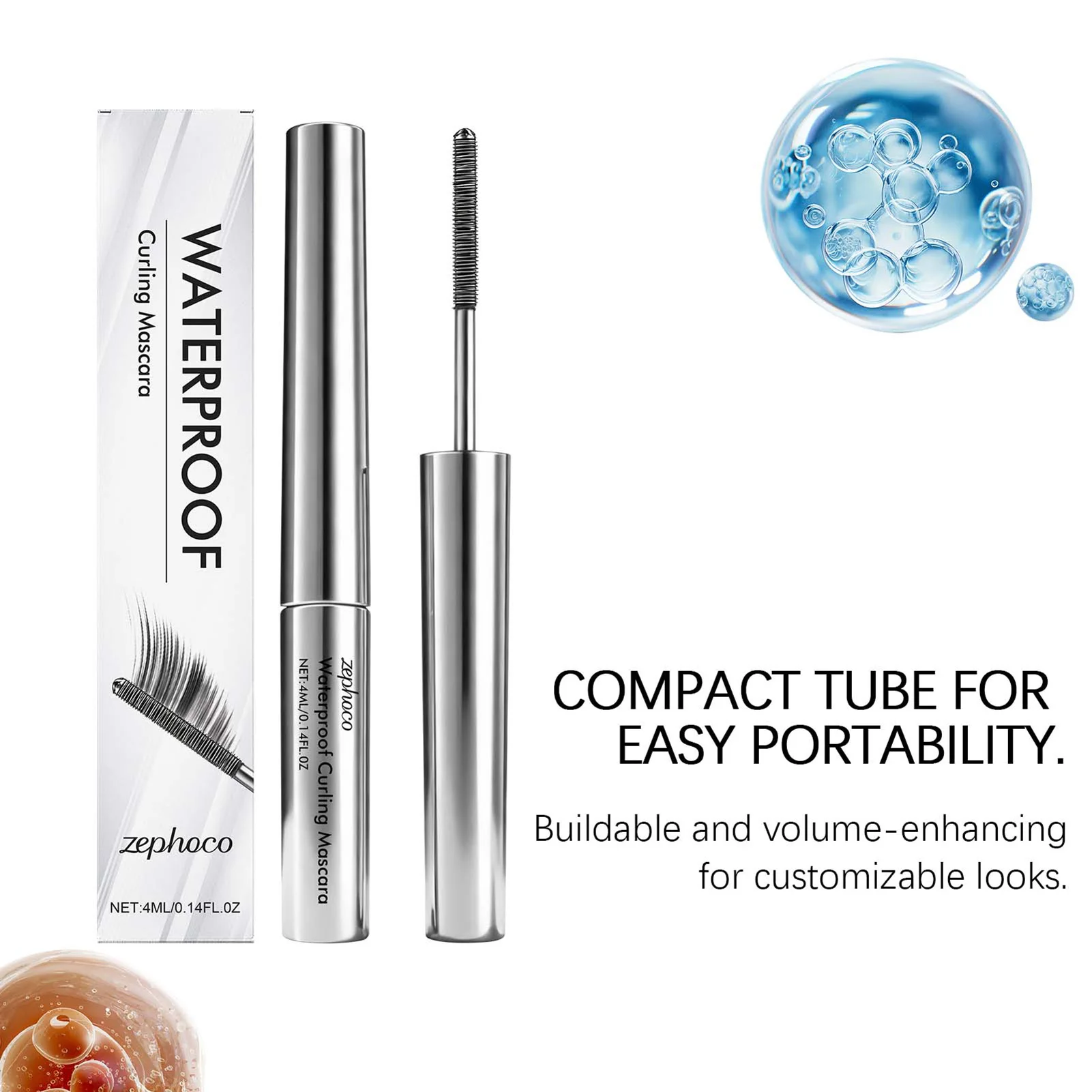 Mascara arricciacapelli, potenziatore delle ciglia impermeabile a lunga durata, strumenti per il trucco degli occhi con volume spesso per l'allungamento delle ciglia a prova di sbavature