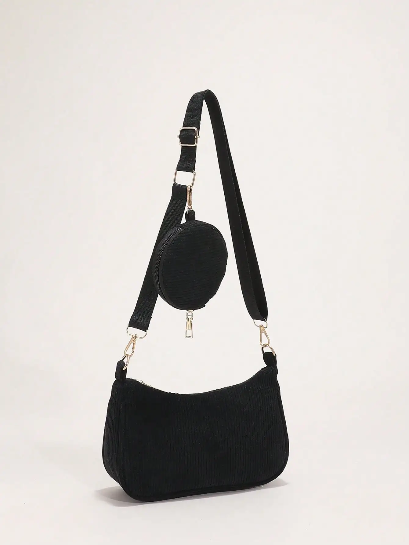 

1pc Black Fashion Solid Color Corduroy 2-In-1 Cross-Body & Shoulder Bag With Coin Purse, Suitable For Shopping, Vacation, Office Commute