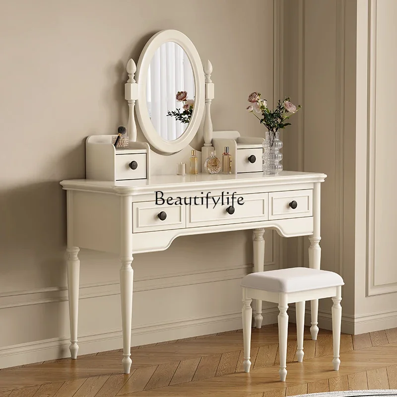 

American all solid wood white dresser simple bedroom light luxury multi-functional makeup table with mirror integrated