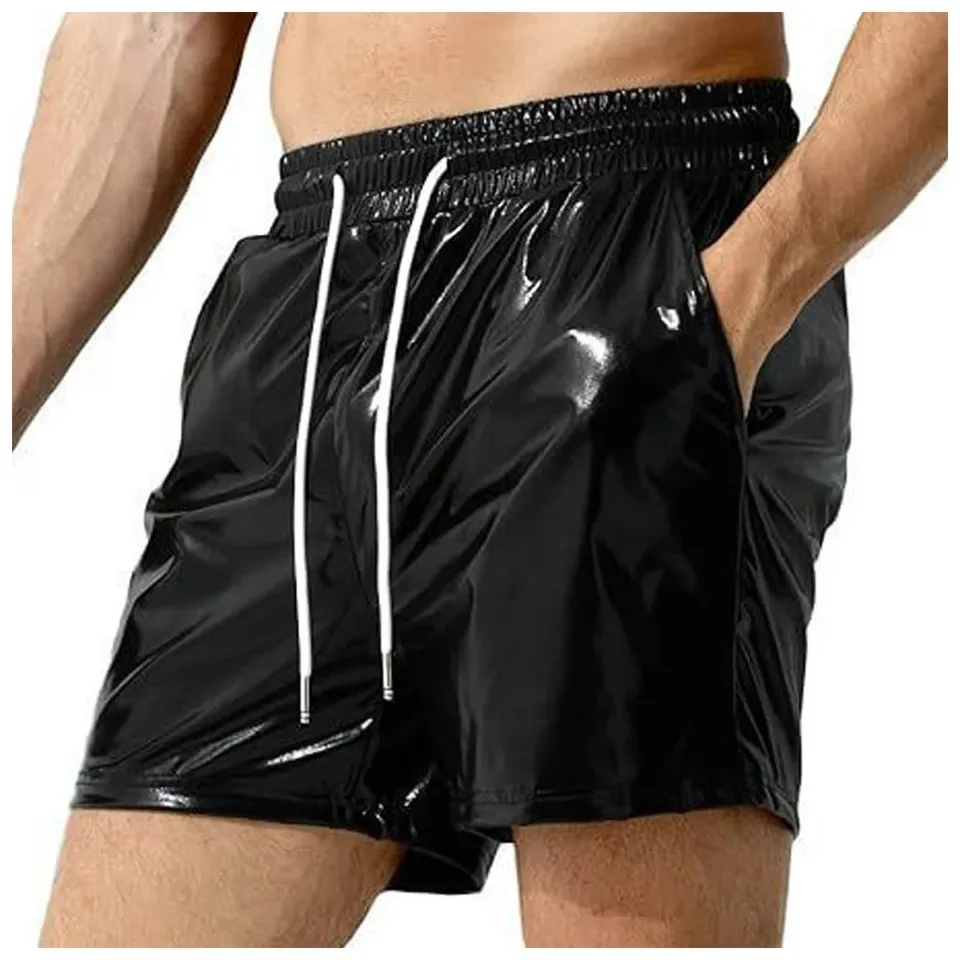 

Shiny Leather Mens Sexy Shorts Metallic Sparkly Drawstring Short Pants With Pockets Solid Color Evening Party Wear Shorts