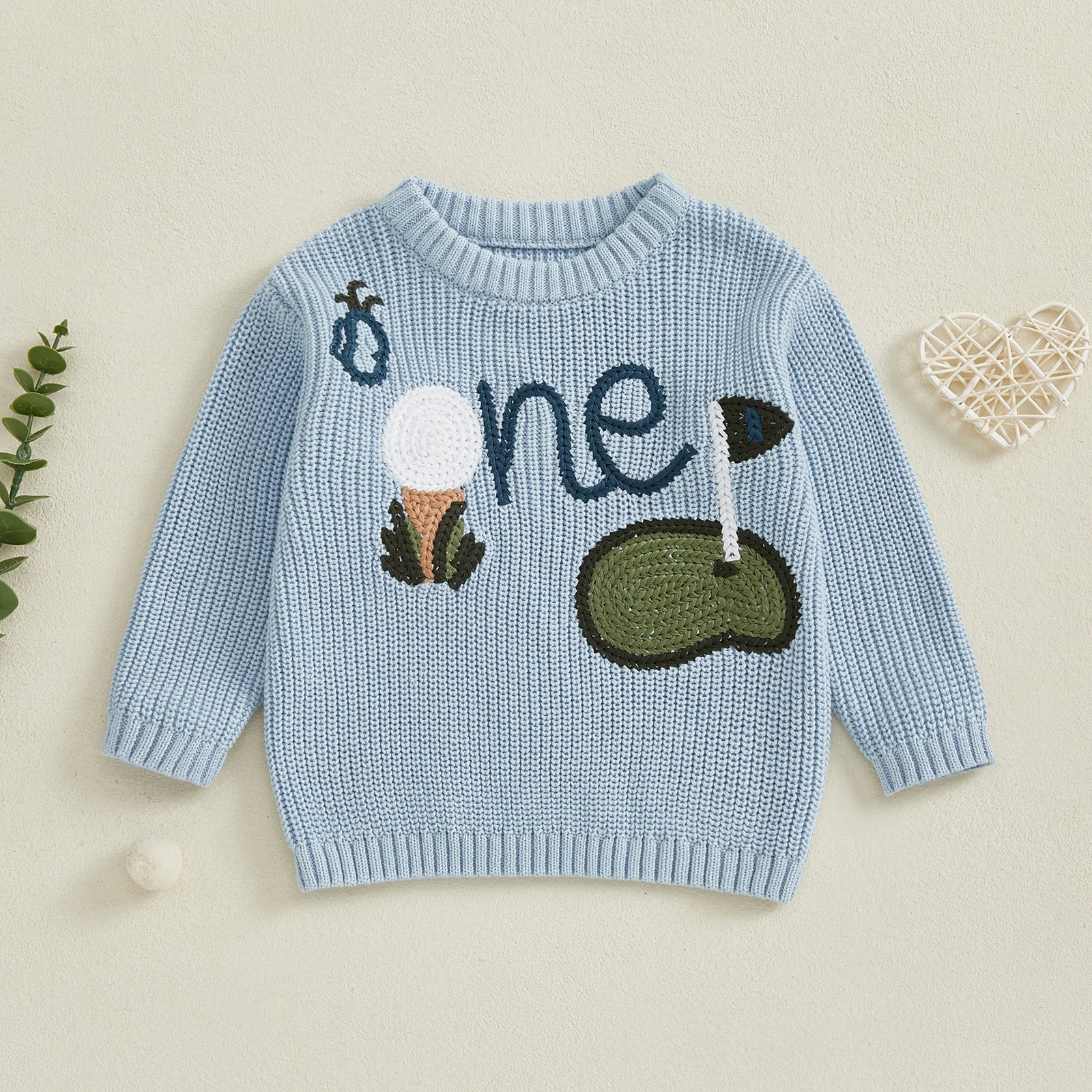 

2025-05-14 Lioraitiin Baby Boy Fall Sweater Golf Embroideried Ribbed Crew Neck Long Sleeve Knitted Tops