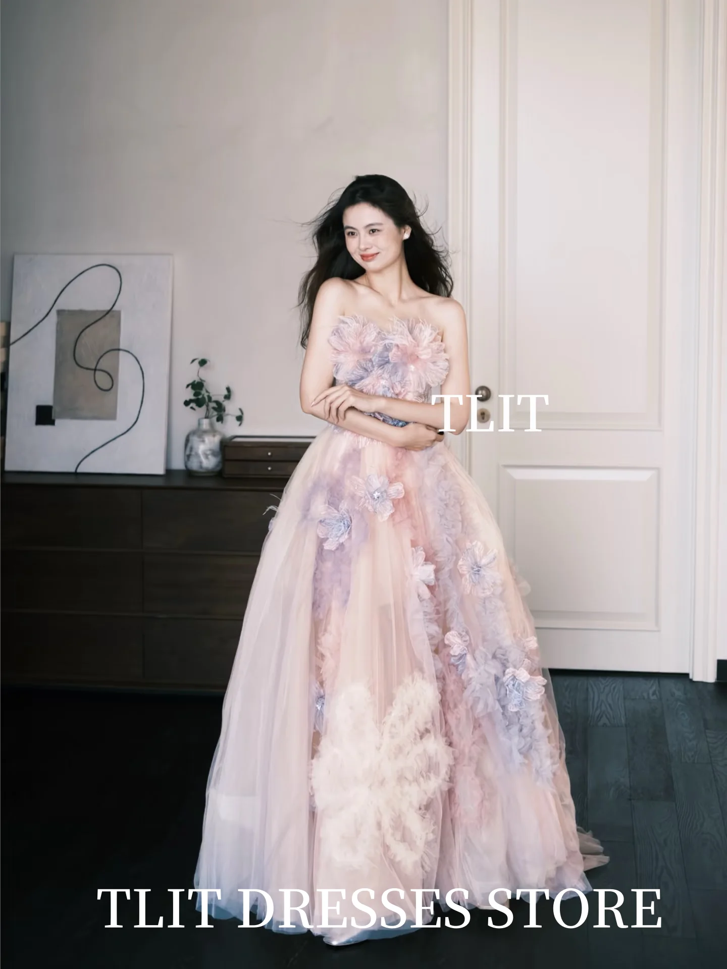 TLIT Fairy Candy Color Tulle Evening Dress Korea Wedding Dress Photo Shoot Strapless Appliques Flowers Prom Gowns Customized