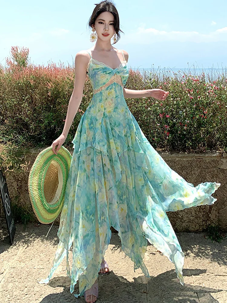 Summer Boho Green Floral Chiffon Ruffled Long Dress Women Fashion Chic Patchwork Lace Sling Dress 2025 Korean Elegant Prom Dress