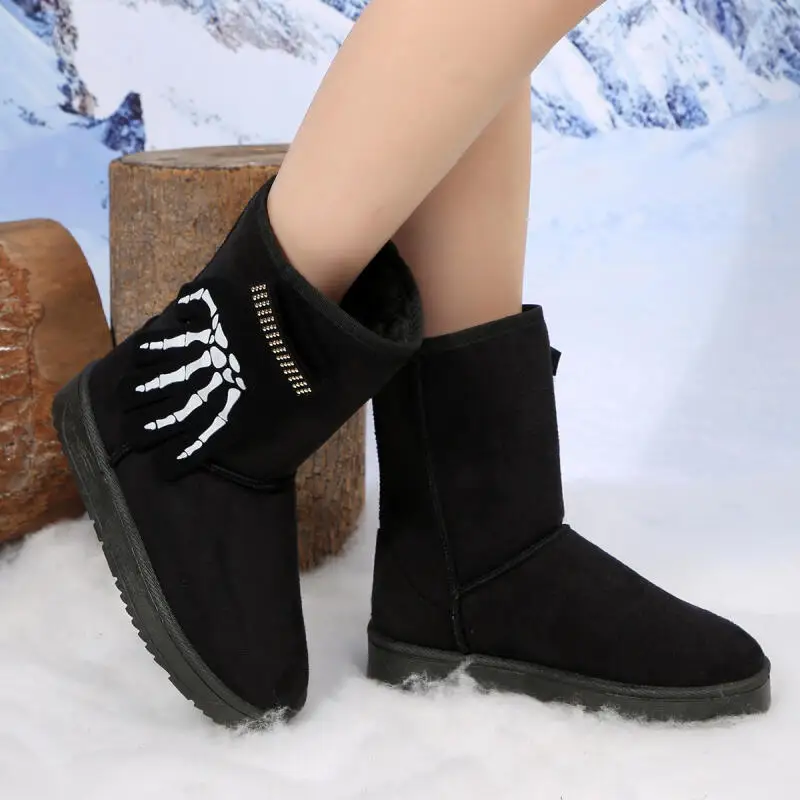

Gothic Skeleton Decoration Suede Snow Boots Women 2025 Winter Punk Metal Rivet Mid Calf Boots Warm Plush Woman's Short Booties