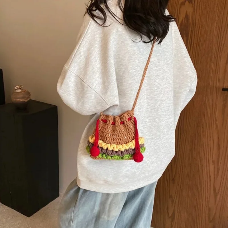 Handmade Knitted Tote Bags Hamburger Fries Woolen Bags Cute Shoulder Crossbody Coin Bags Cell Phone Bags Holiday Gift Bags