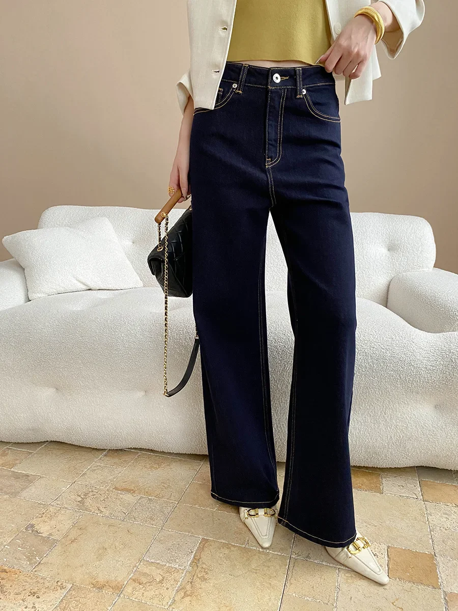 

Ранняя осень, новые ретро темно-синие джинсы с внешней строчкой и высокой талией для похудения, узкое издание, прямые джинсы