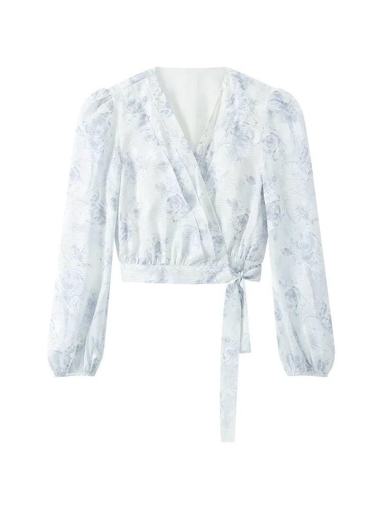 Romantic Watercolor Floral Chiffon Wrap Blouse for Women Puff Sleeve V Neck Tie Waist Lightweight Summer Top for Daily Wear