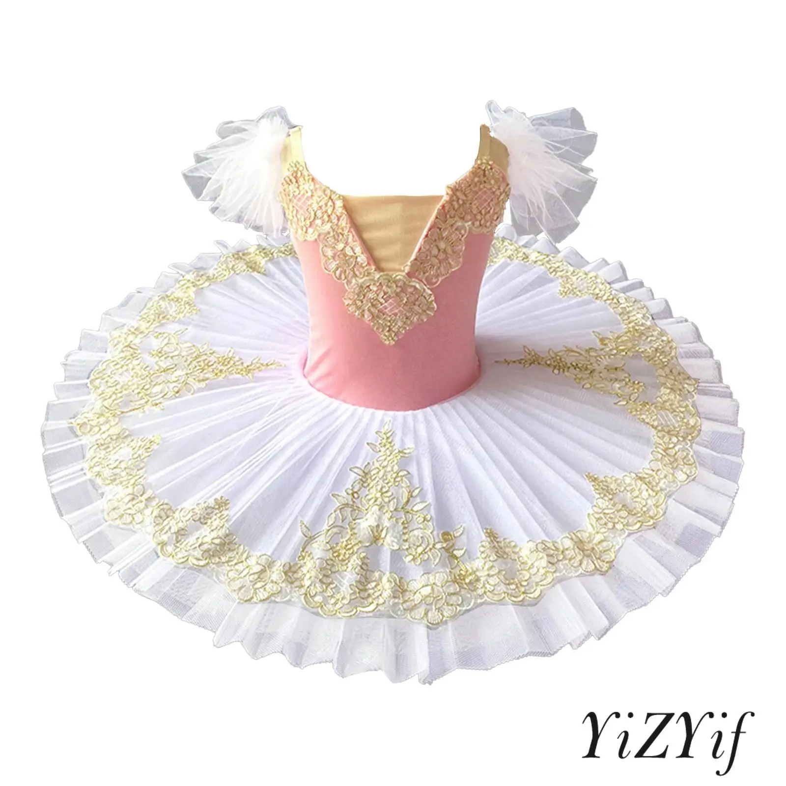 

Kids Girls Ballet Latin Dance Practice Performance Costume Adjustable Spaghetti Straps Applique Layered Tulle Dress with Cuffs