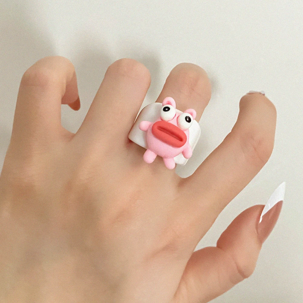 IPARAM Colorful Plastic Ring for Women Men Cute Big Mouth Cartoon Chick Monkey Frog Rabbit Open Rings Fashion Jewelry Party Gift