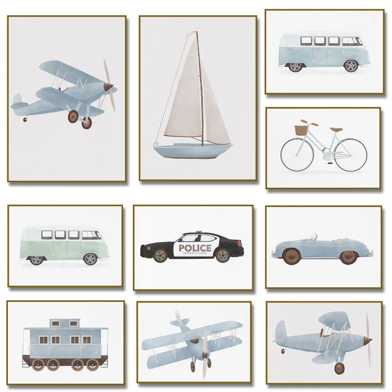 Colorful Vintage Cars Truck Bus Plane Helicopter Illustration Art Print Canvas Painting Wall Pictures Kids Room Home Decorati