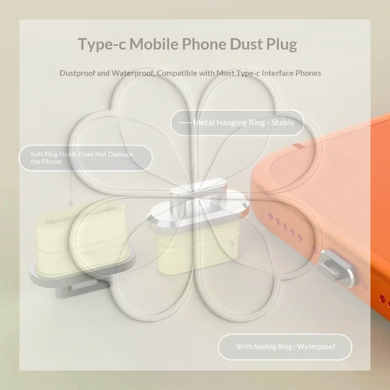 Type C Dust Plug with Metal Lanyard Hole 1/5Pcs Soft Silicone Charging Port Cover for  Oppo Vivo Android Phones