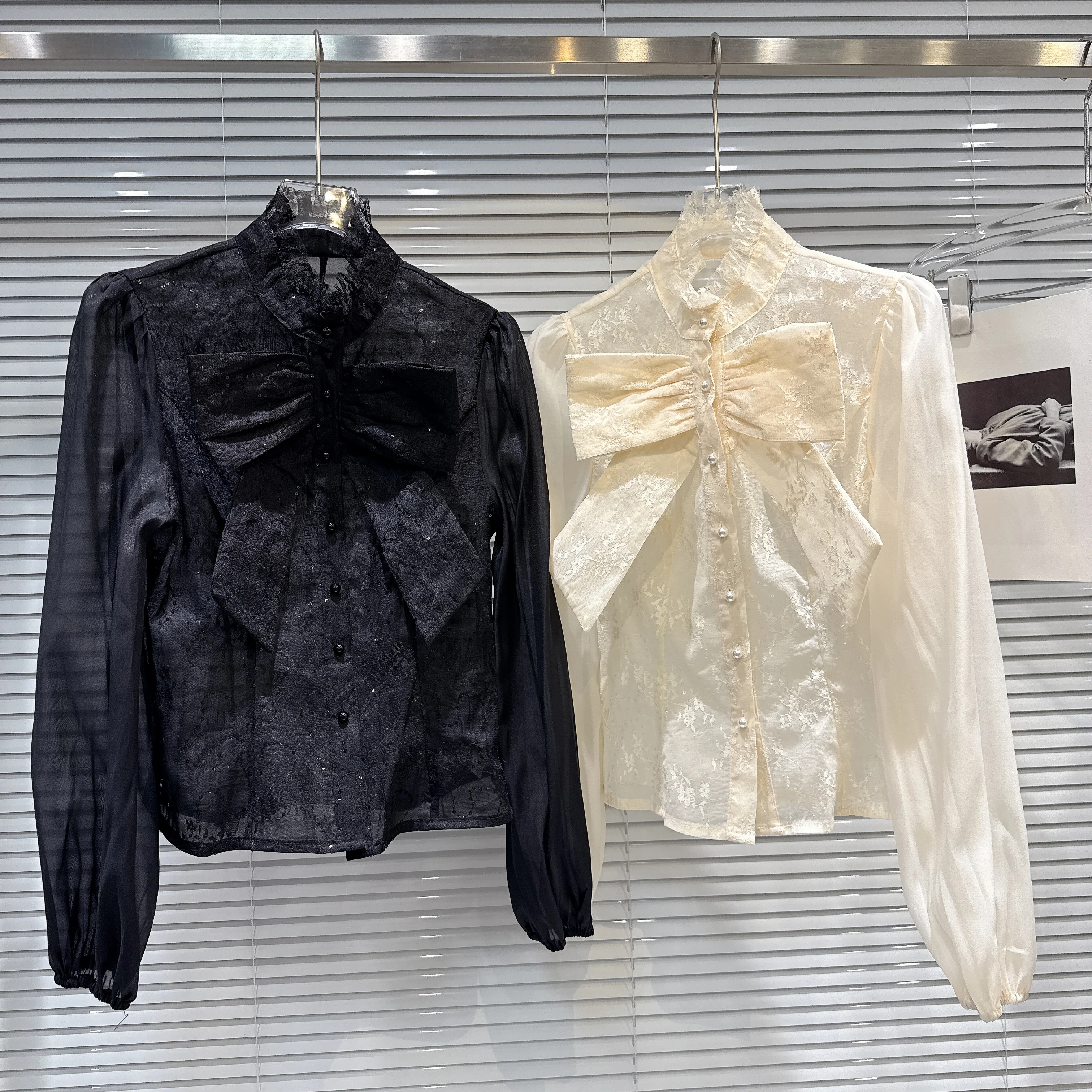 

Women's Elegant Spring Autumn Long Sleeve Ruffled Collar Single Breasted Shirt Lady Vintage Lace Floral Office Wear Shirt