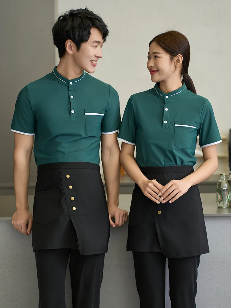 Uniforme de Catering de restaurante occidental para hombre, ropa de Hotel, Caffe Shop, ropa de trabajo de camarero, camisa transpirable, monos de verano