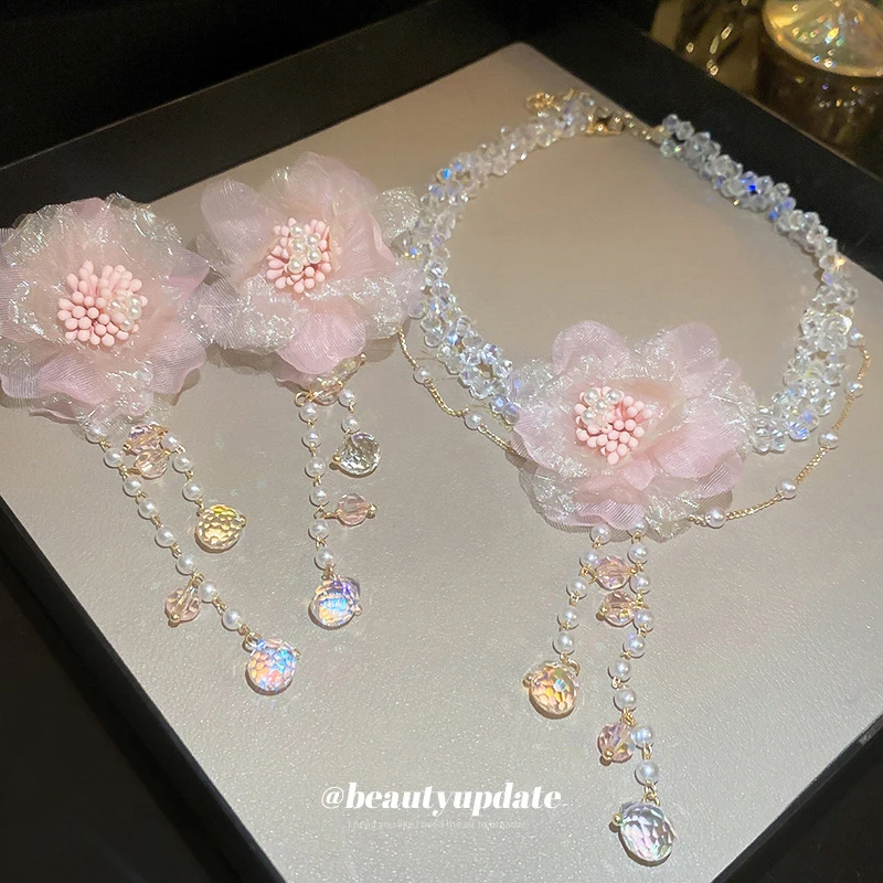 Silver Needle Pink Mesh Ins Elegant Fabric Flower Pearl Unique Handmade CharmTassel Fashionable Sweet Temperament Earrings Women