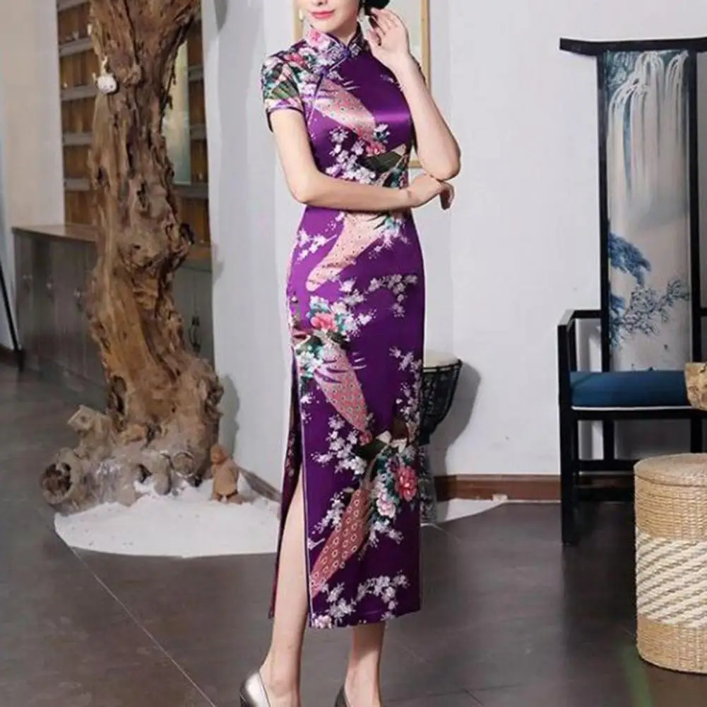 

Women Dress Chinese National Style Floral Print High Side Split Chinese Knot Buttons Cheongsam Satin Silky Slim Fit Qipao