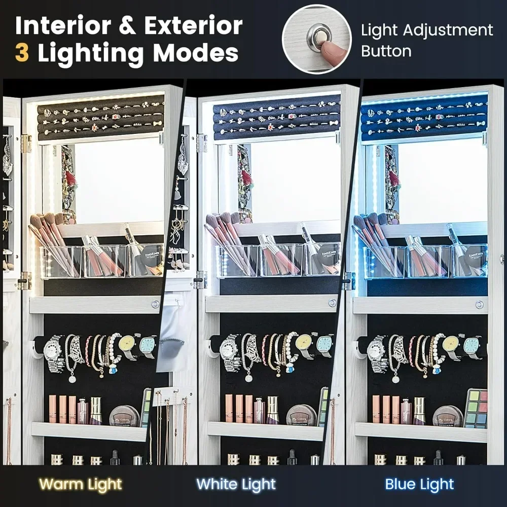 LED Mirror Jewelry Cabinet, Lockable Jewelry Armoire with Adjustable Lighted Full Length Mirror, 3 Lighting Sets, Wall Mounted