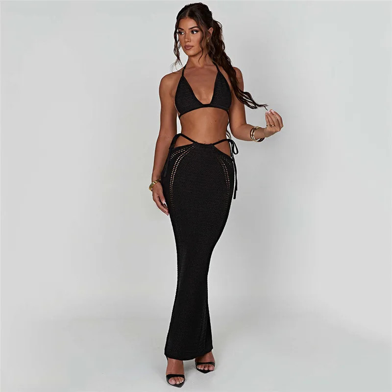 

European and American women's summer new sexy backless strap small vest high waisted slim fit skirt set with knitted hollow