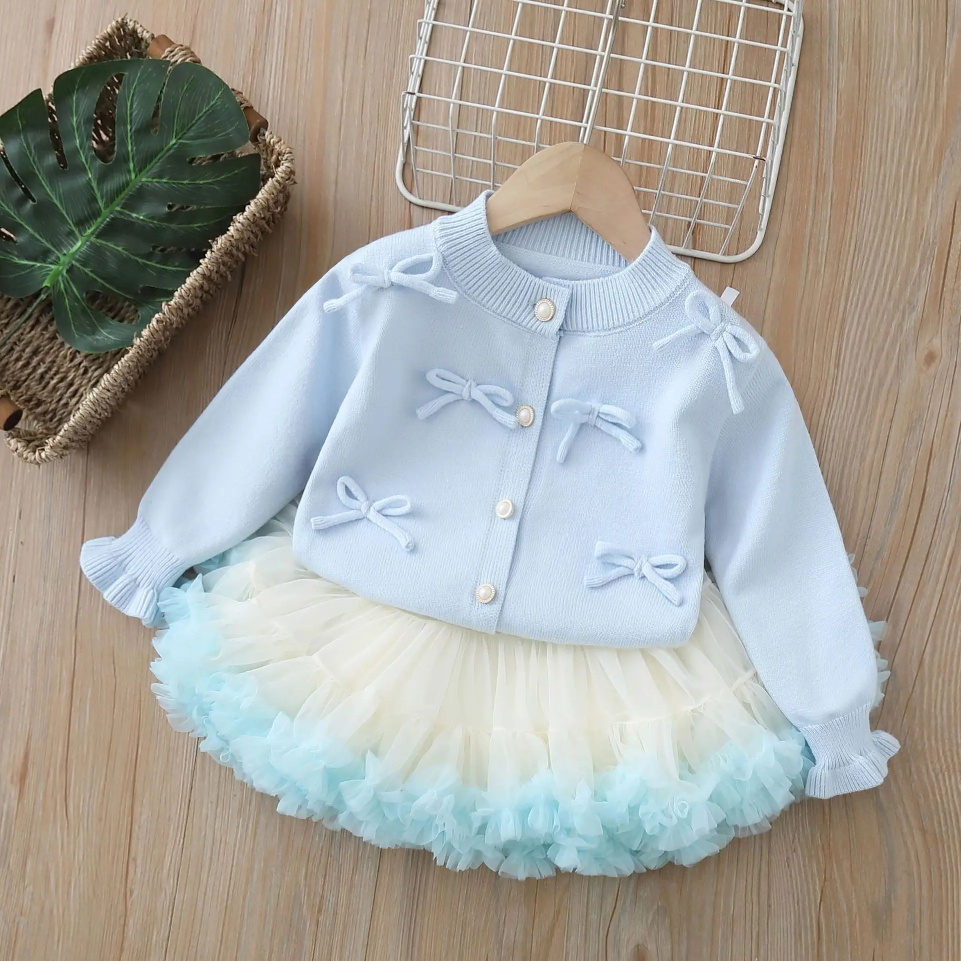 Cute Girl Clothes Set Baby Girls Suits Sweater Cardigan Tutu Tulle Skirt Mesh Ball Gown Toddler Clothing Kid Children Outfit