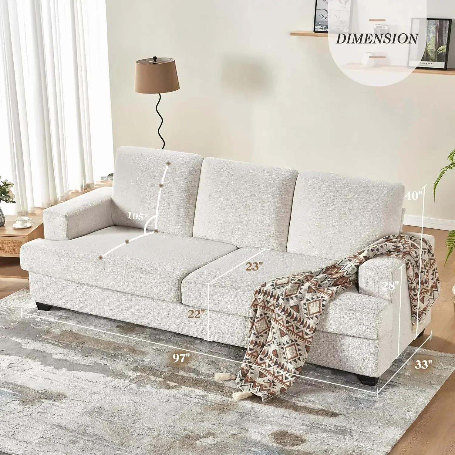 97 Inch Modern Sofa, Deep Seat Couch with Beige Chenille, 3 Seater Sofa with Square Armrest, Modern Couch for Living Room