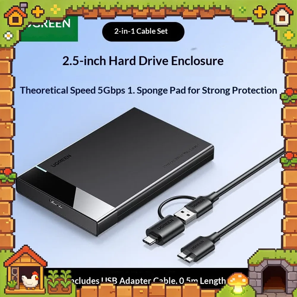 UGREEN US221 60734 2.5 Inch SATA to USB 3.0 External Hard Drive Enclosure with USB A USB C 2 in 1 Cable