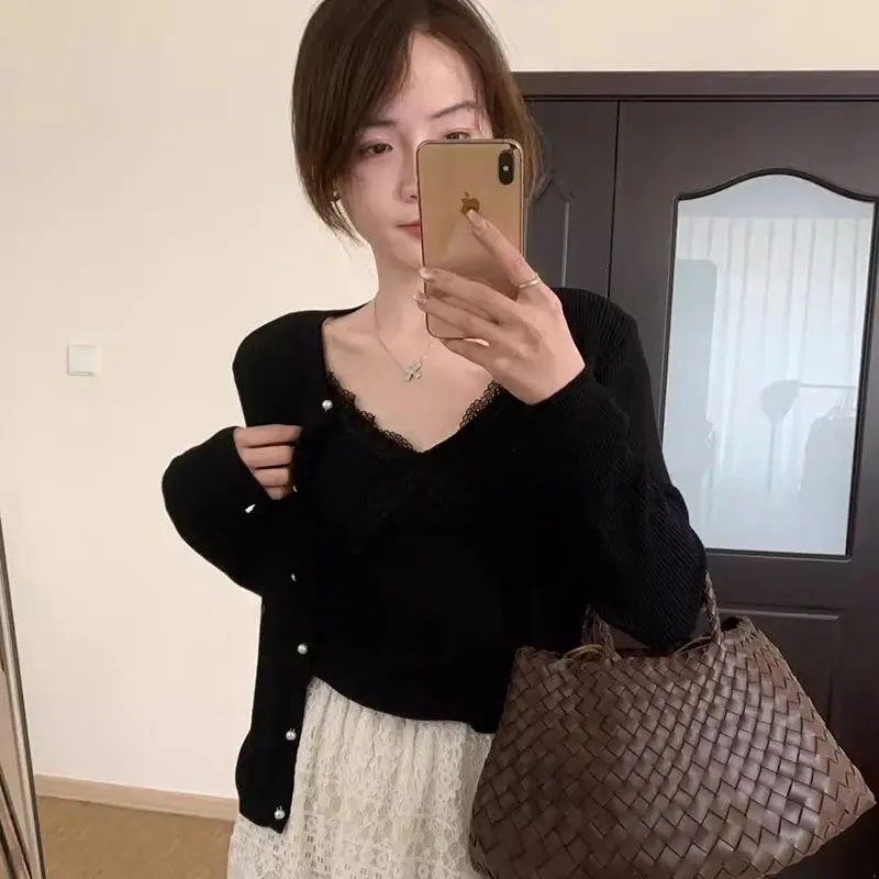 시크한 브이넥 긴 소매 레이스 트림 니트 오픈 가디건 투피스 세트 여성용 캐주얼 봄 가을 순색 상의