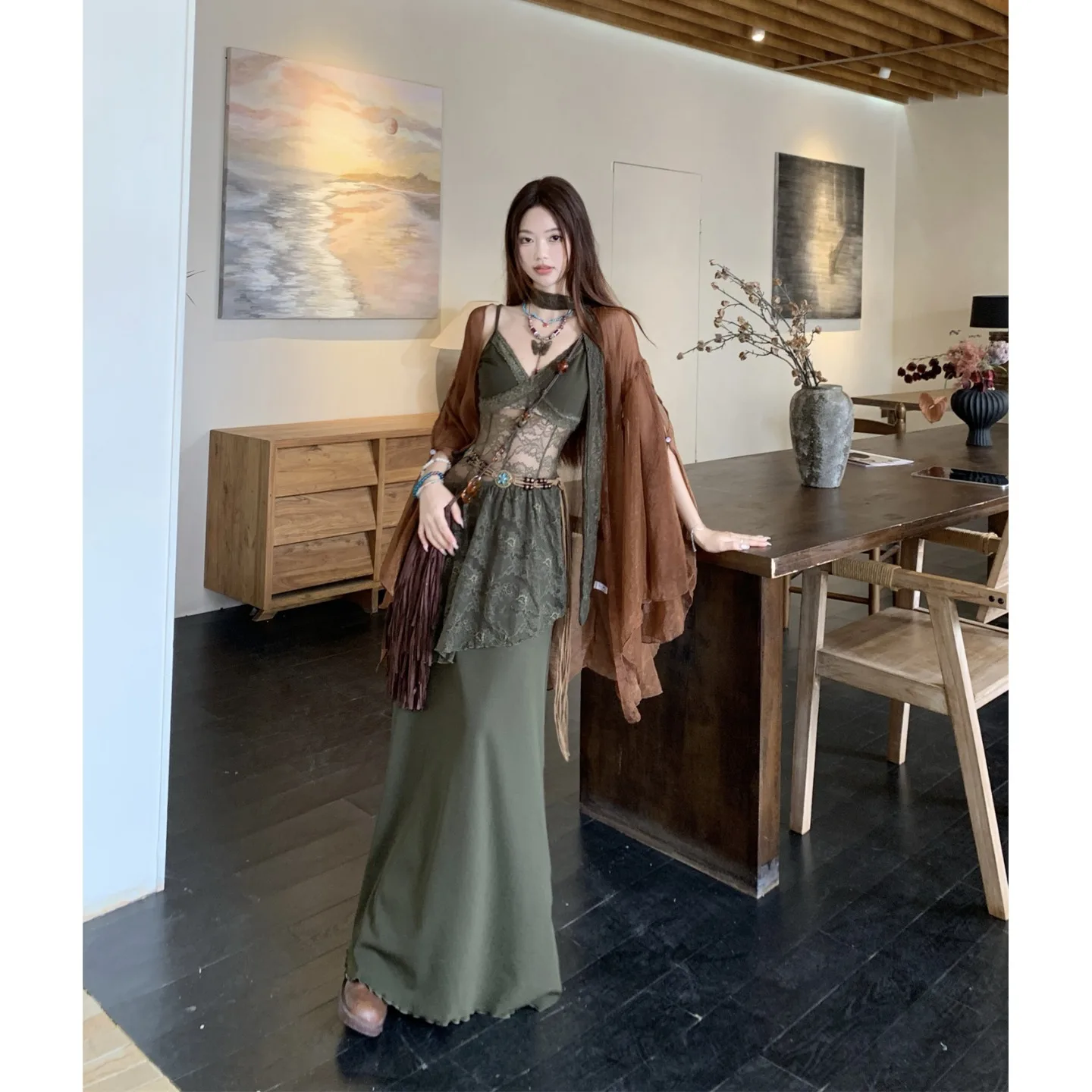 ชุดเดรสสีเขียวผ้าทูลล์ลูกไม้ซีทรูแบบเรโทร สายเดี่ยว ดีไซน์เปิดไหล่ แต่งริบบิ้น สไตล์นิช ฮาราจูกุ โมริเกิร์ล ชุดราตรี