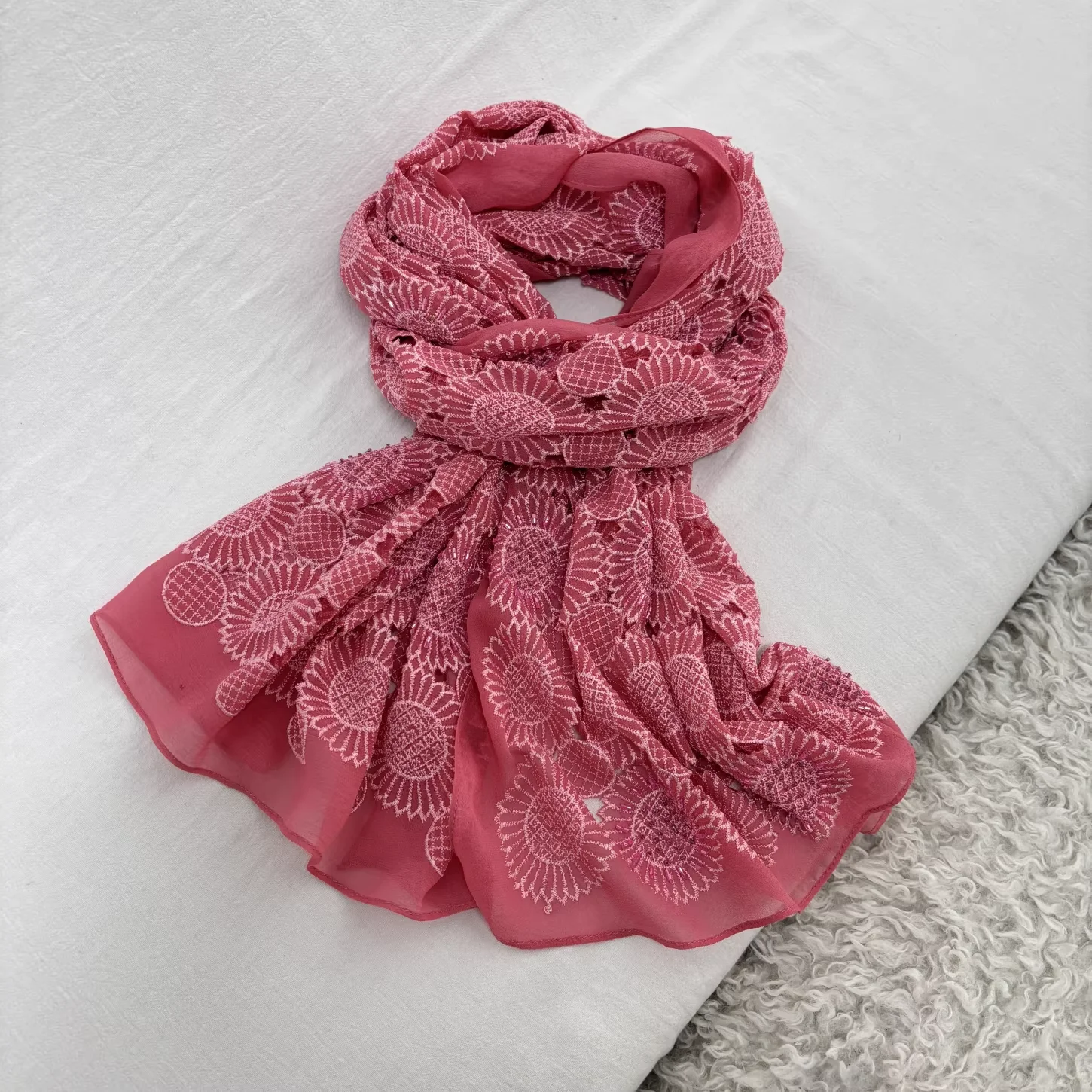 100% Silk Womens Headscarves Luxury Brand Purple Orange Floral Embroider Hollow Out  Neck Scarves for Women Hijab Shawl Wrap