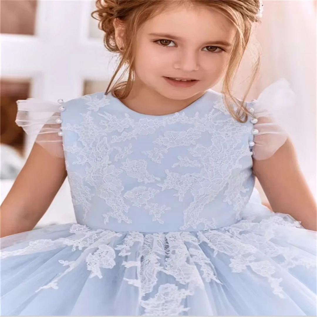 Flower Girl Dresses Blue Angel Tulle Appliques Pearl Sleeveless For Wedding Birthday Party Banquet Princess First Communion