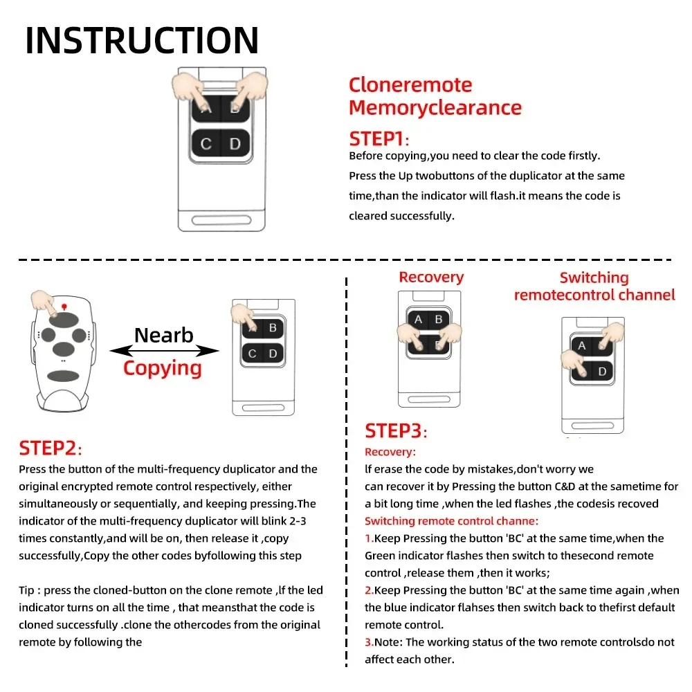 KEBIDUMEI 433MHz Wireless Remote Control Duplicator 4 Button Copy Cloning Transmitter Auto Copy Garage Door Gate Opener