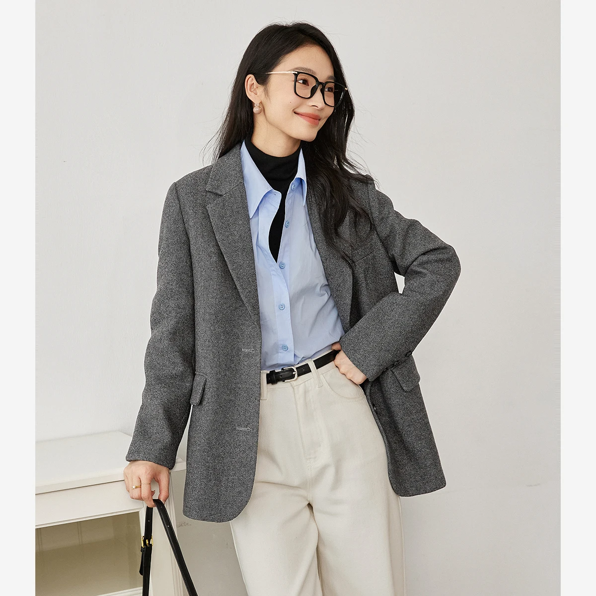 VIMLY Dark Gray Wool Blend Blazer Women 2026 Fall Winter Fashion Office Lady Elegant Coat Casual Loose-fit Female Jackets M9353