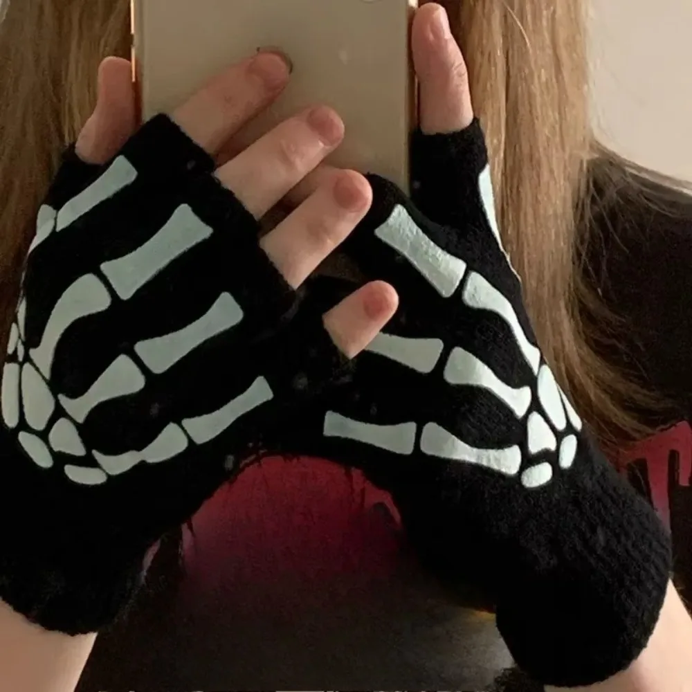 New Punk Gloves Unisex Halloween Skeleton Skull Half Finger Gloves Glow in The Dark Fingerless Stretch Knitted Winter Mittens