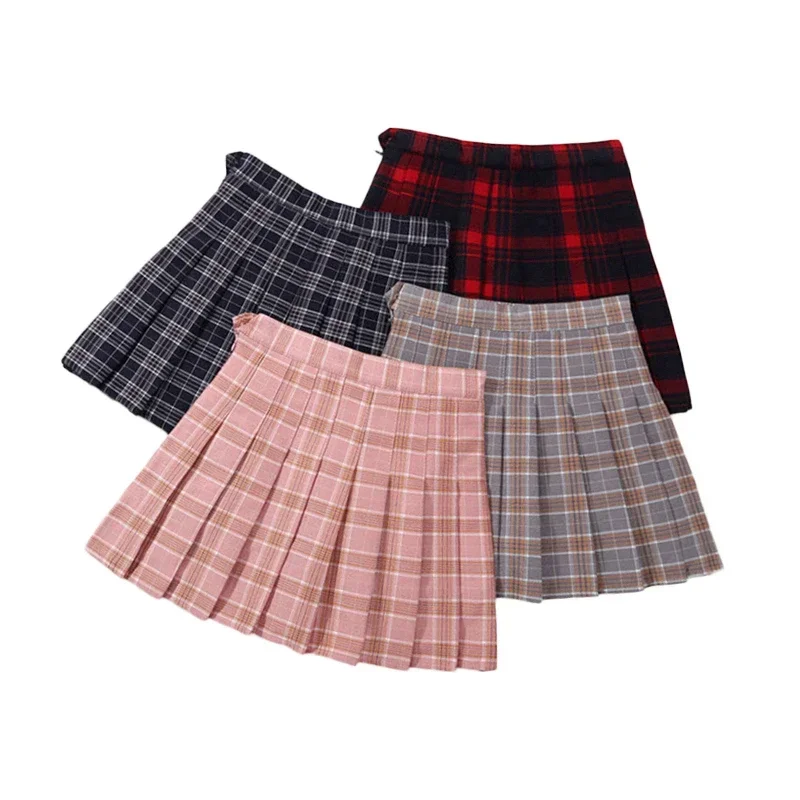 

Kids Girls Pleated Skirts 2024 New Arrival Young Girls Plaid Skirt Teenage Cotton Skirts Elastic Waist Pink Black For 3-15Y GS51