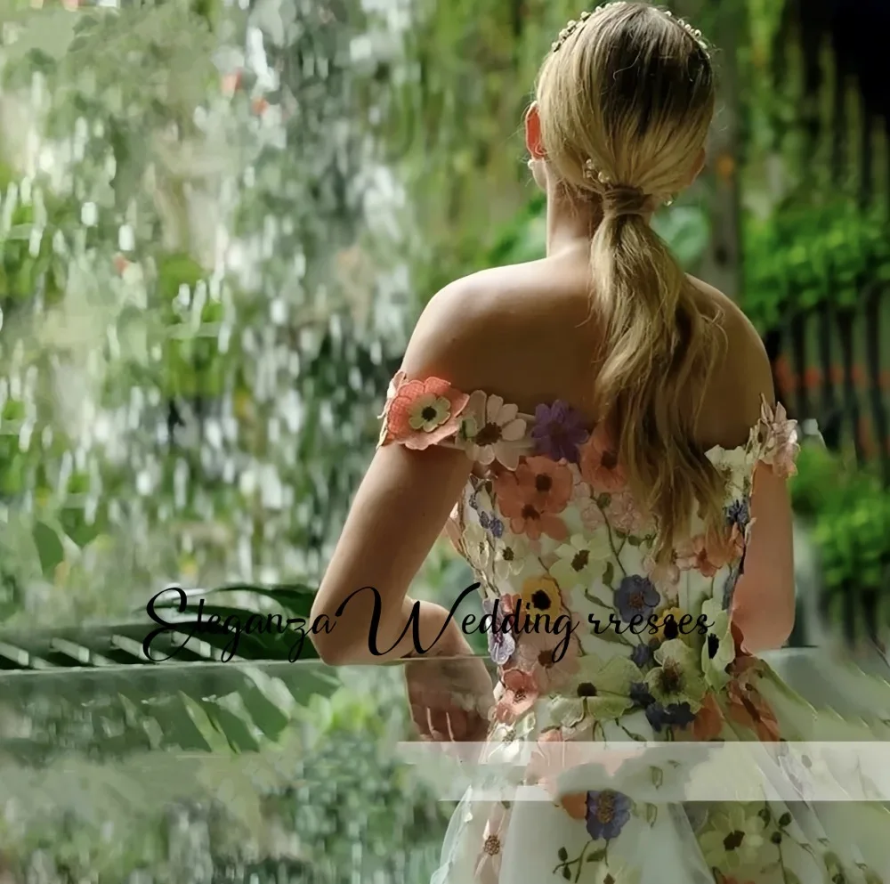 Gaun Pengantin Bunga Renda Bordir Warna-warni Bohemian Kustom Gaun Pengantin Hutan Tipis Bahu Terbuka Vestidos De Novia