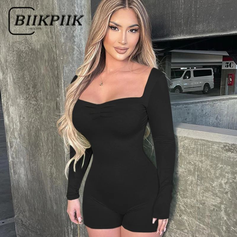 BIIKPIIK Shirring Sexy Lady Playsuits Square Collar Long Sleeve Skinny Rompers Club Yoga Black Jumpsuits Fitness Basic Overalls