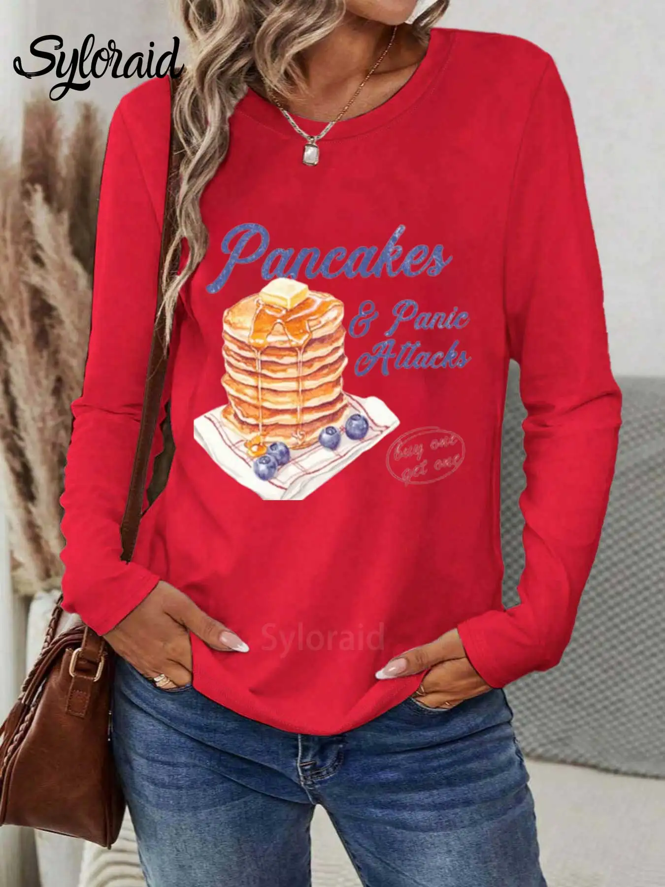 Camiseta de manga larga para mujerPancakes and Panic Attacks Camiseta Moda Cuello redondo Top casual