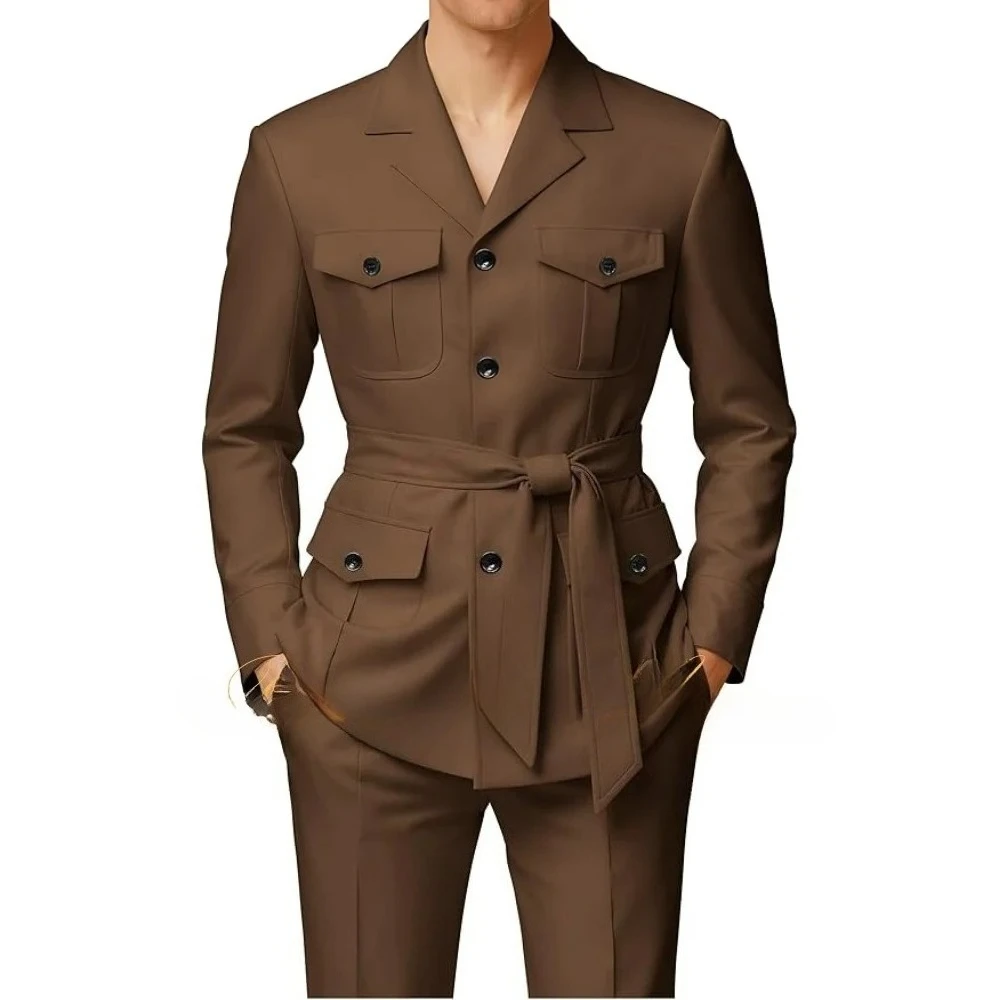 2 Piece Suits for Men Slim Fit Men's Chinese Suit Single Breasted Vintage Suit Multi-Pocket Blazer Pants Set Men Suits