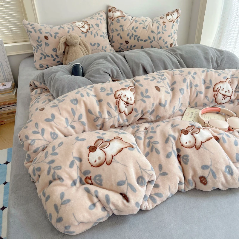 

2025 New InS-style Milk Fleece Printed Single Quilt Cover Skin-friendly and Soft Cartoon Winter Duvet Cover Student Bedding