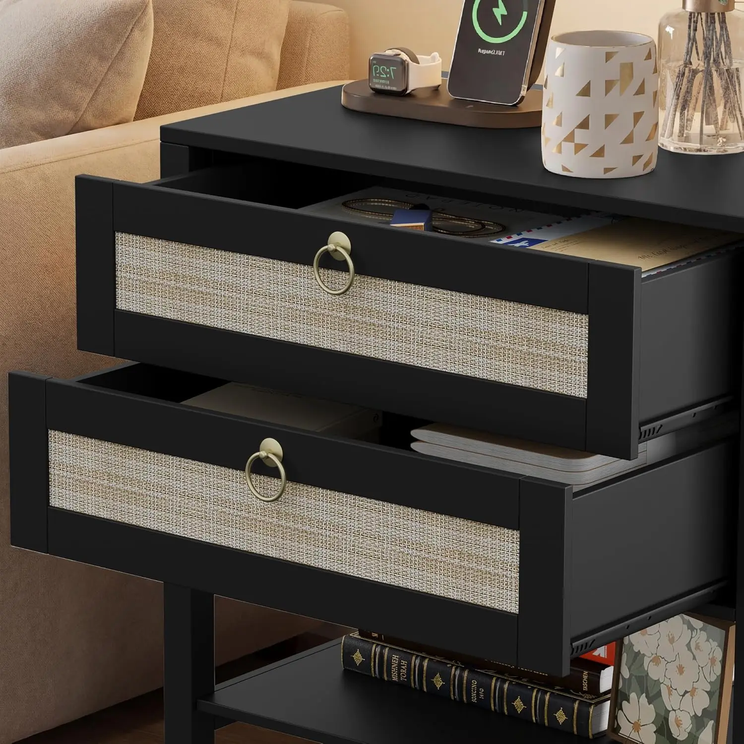 Nightstand Set of 2, Wide Night Stand Bedside Table, Rattan Boho Decor Drawer & Open Shelf, Wooden End Table for, Customized - view 6