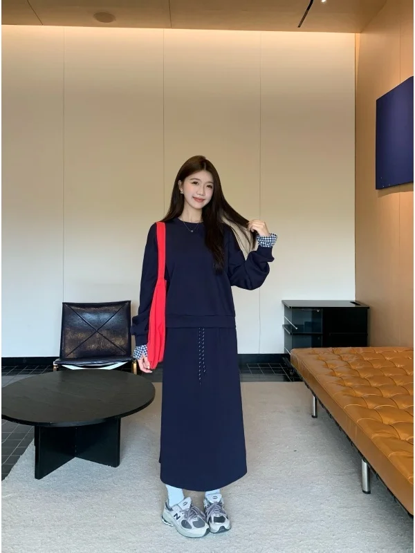 

Korean Sle Early Spring Ootd Women's Casual Sweatirt Skirt Aosphere Feeling Two-Piece Set High Waist Nine-Piece Pants
