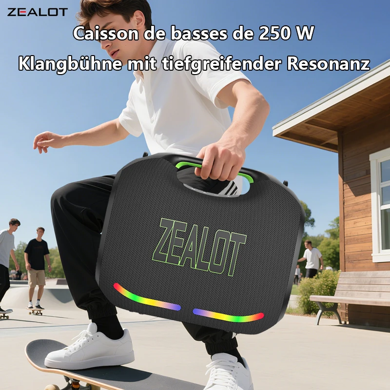 ZEALOT ZE21 Haut-parleur sans fil 250 W, portable extérieur, batterie longue 48 000 mAh, avec lumières colorées RVB, jusqu'à 18 heures de temps de jeu. ZEALOT ZE21 Haut-parleur sans fil 250 W, portable extérieur, batterie longue 48 000 mAh, avec lumières colorées RVB, jusqu'à 18 heures de temps de jeu.